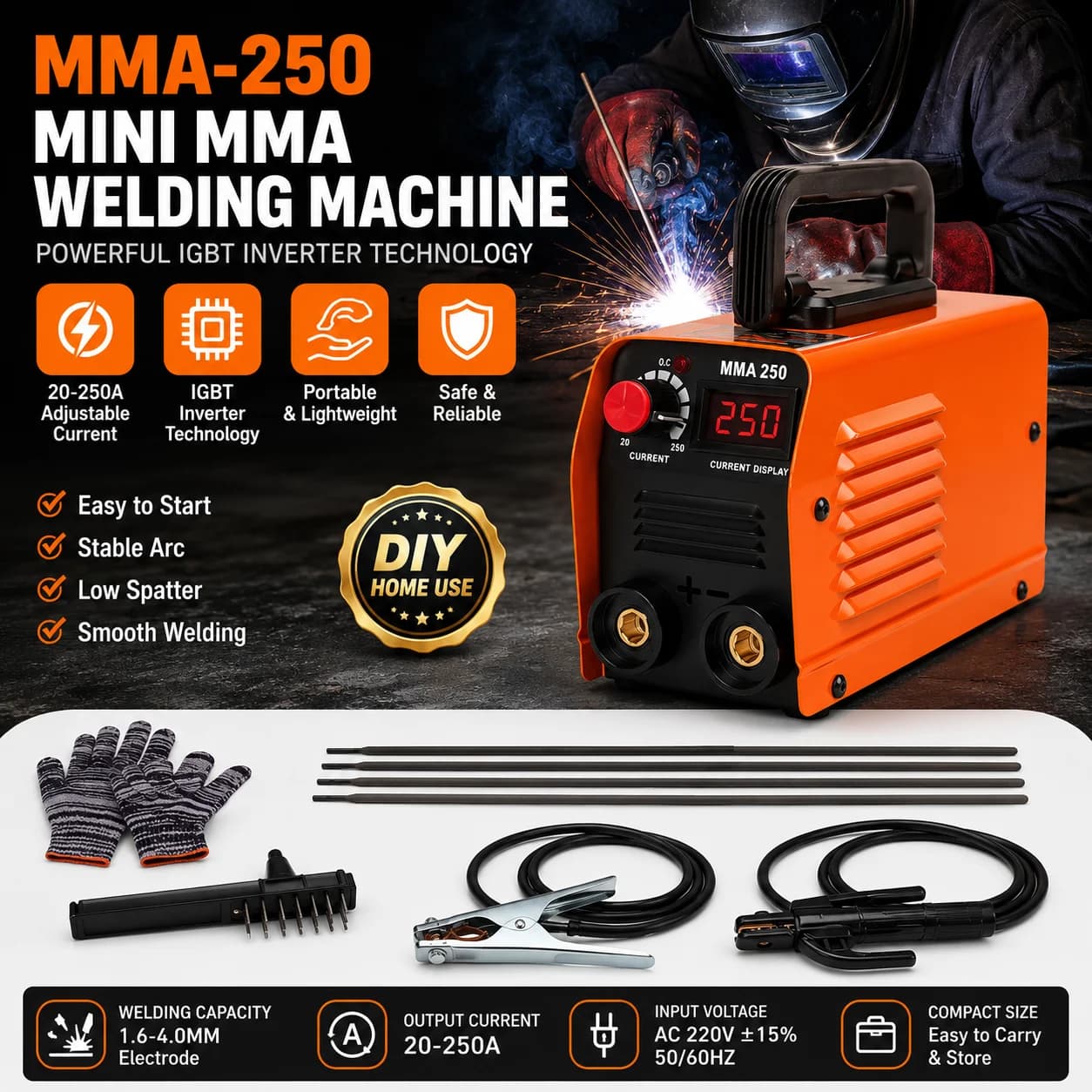 Mini Arc Welding Machine 20-250A, IGBT Inverter MMA-250 Welder Kit, Portable DIY Electric Welding Machine for Home Use