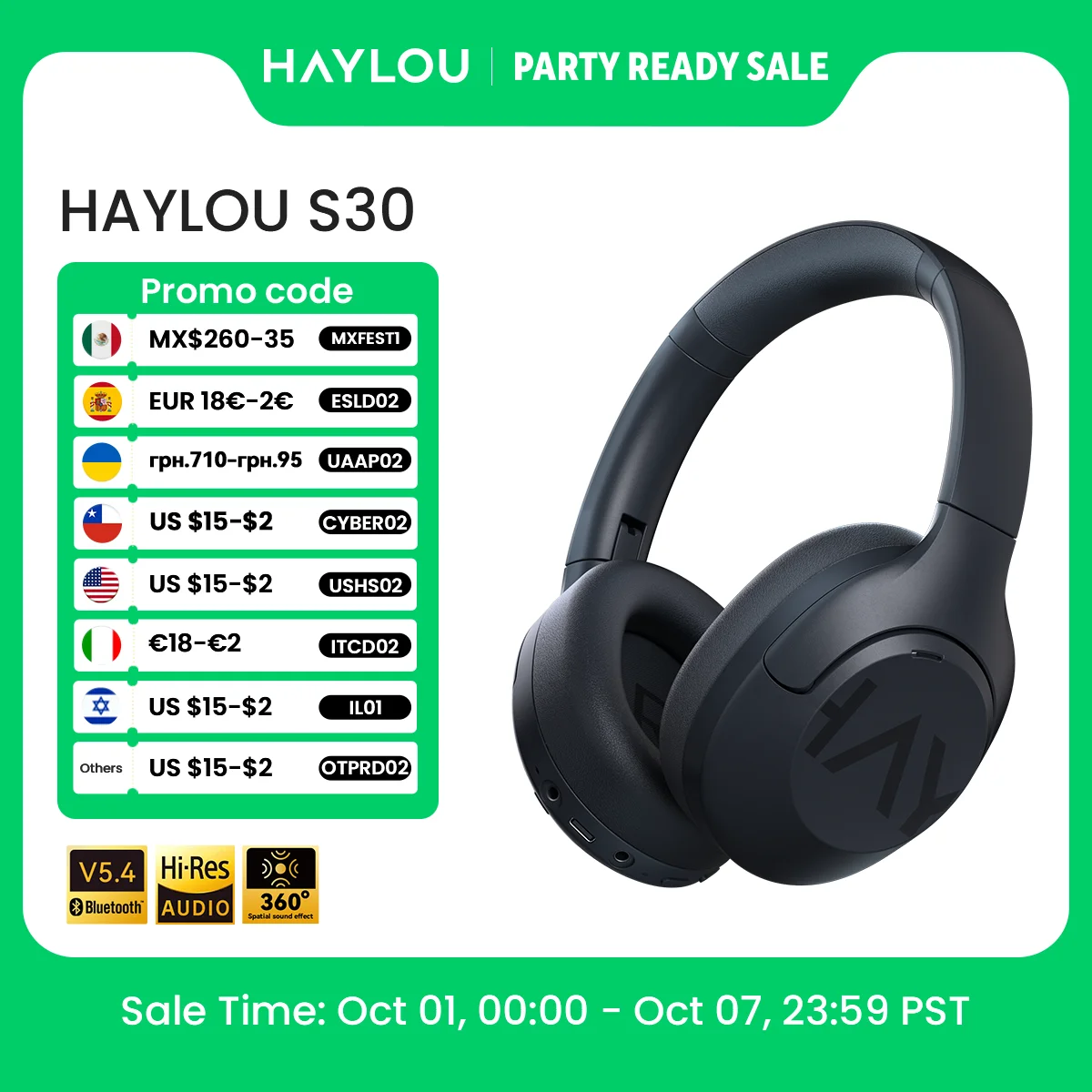 HAYLOU S30 Wireless Bluetooth 5.4 Headphones 43dB Adaptive Noise Cancelling Headsets 40mm Driver 80H Playtime Earphones