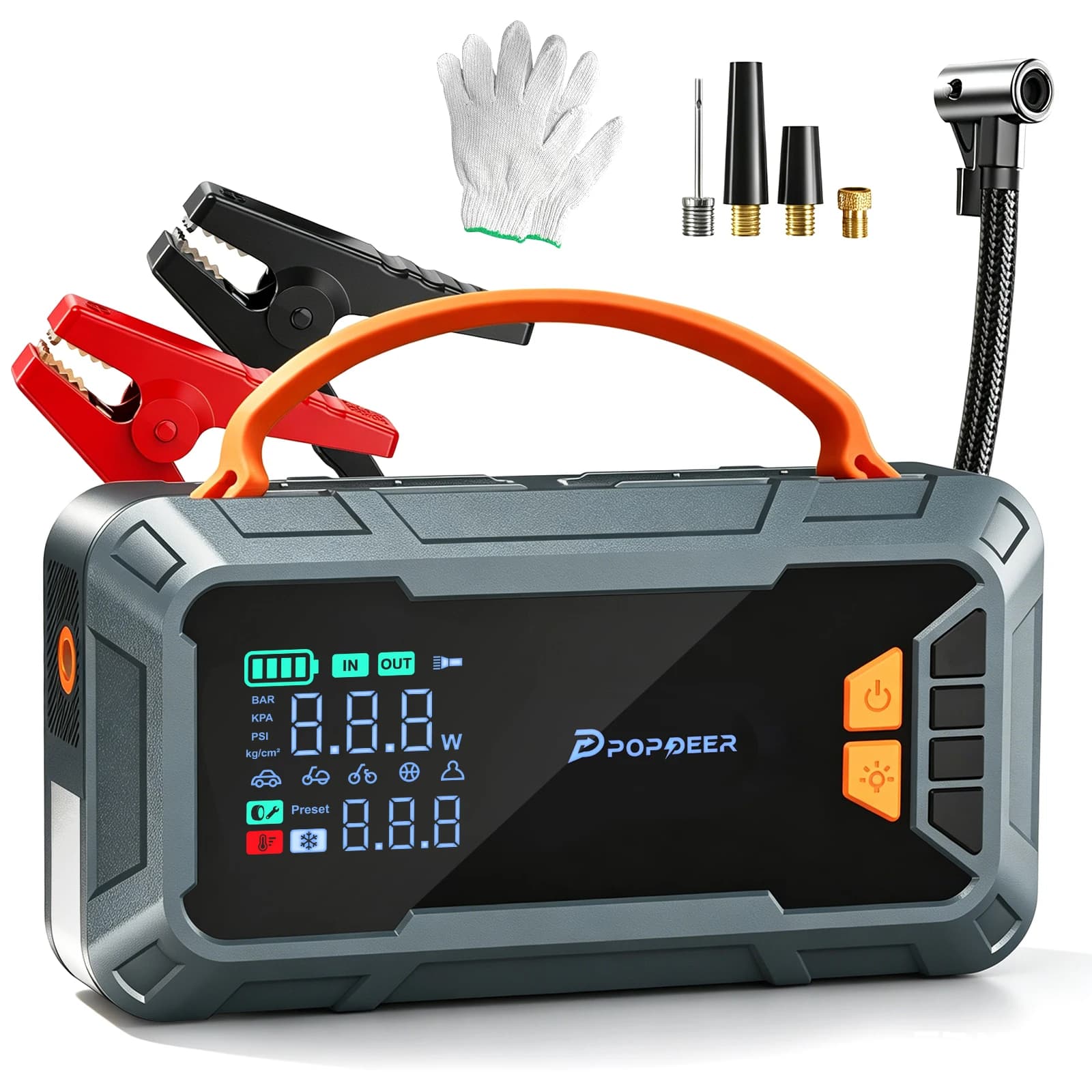 POPDEER PD-JAS3 6000A Car Jump Starter PD65W Power Bank Portable 160PSI Air Pump with Insulated Gloves, LCD Display & LED Light