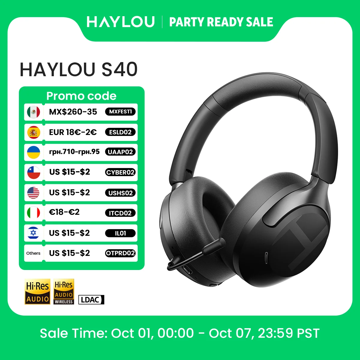 HAYLOU S40 ANC Wireless Headphones Bluetooth 6.0 Hi-Res Audio Over Ear Headset 50dB Hybrid Active Noise Cancellation Earphones