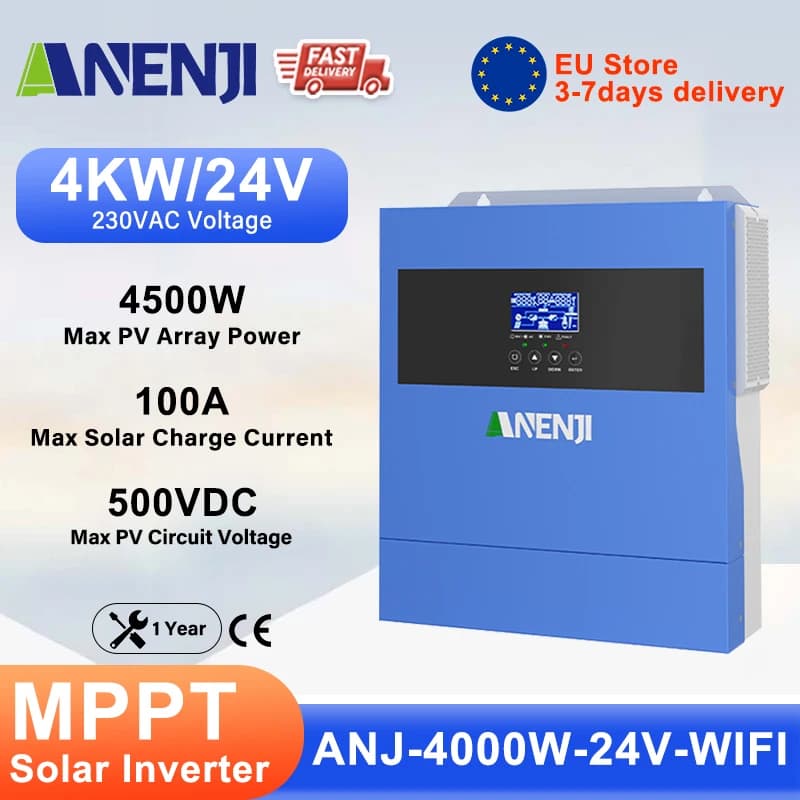 ANENJI 4kw Hybrid Solar Inverter Off Grid Tie Pure Sine Wave MPPT Inverter24V 220V 100A Solar Charger for Photovoltaic PV 500VDC