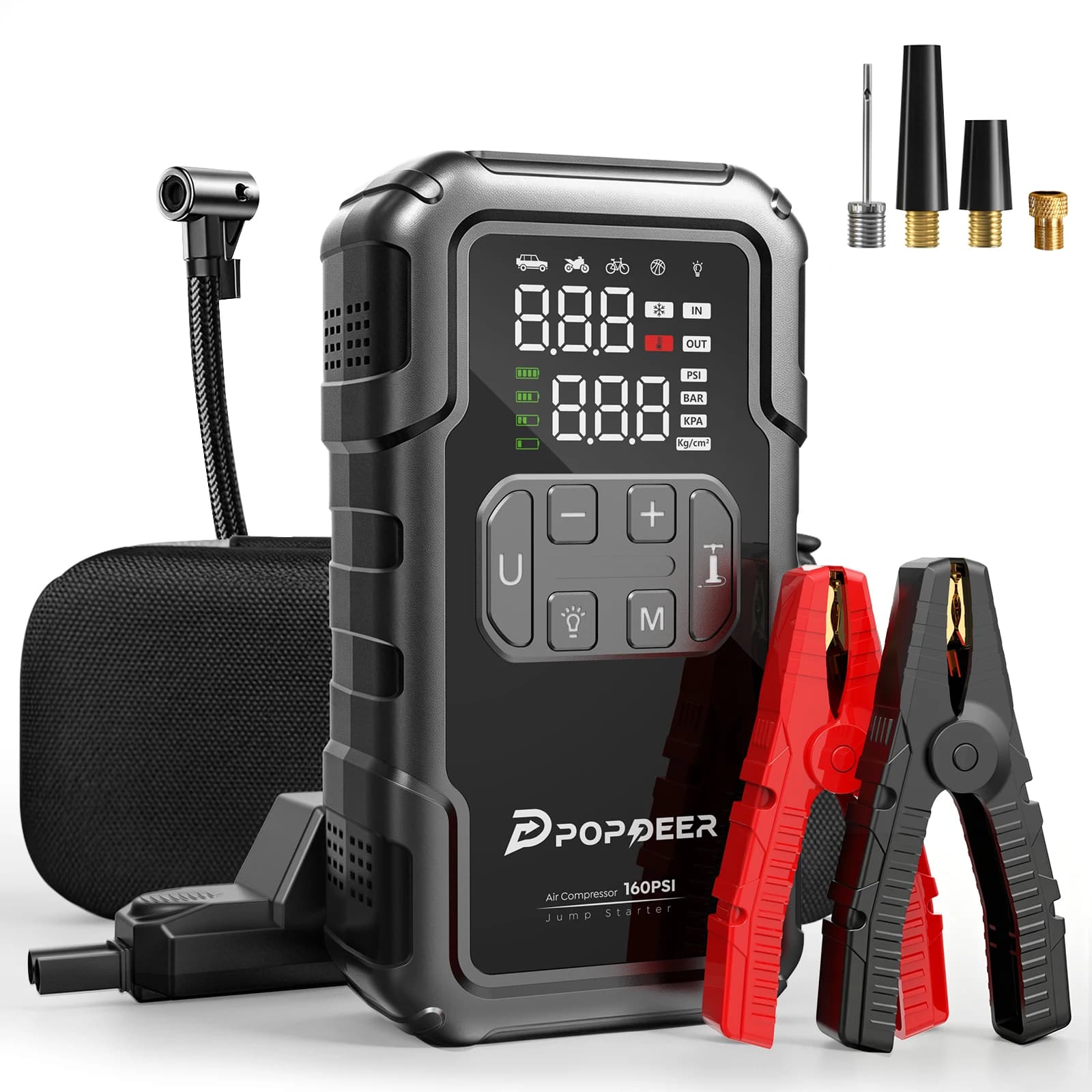 POPDEER PD-JA2 4000A Jump Starter with 160PSI Air Compressor, 8.0L Gas/6.0L Diesel Booster, 600LM Light & Power Bank, Large Screen