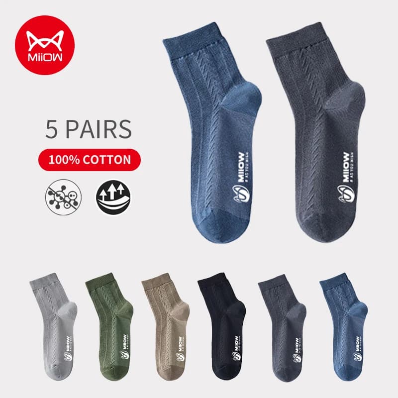 MiiOW 5 Pairs Men's Cotton Socks Black Business Men Deodorant Crew Socks Breathable Male Solid Color Casual Man Socks Plus Size