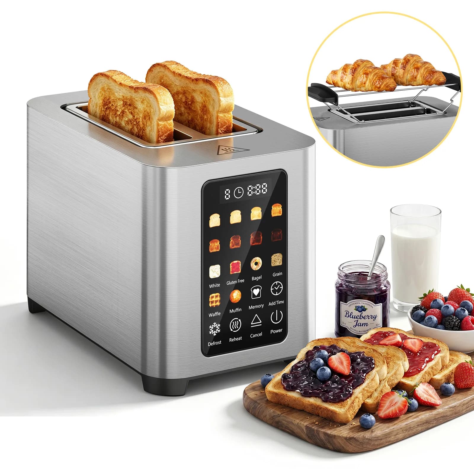 Patbrela Toaster 2 Slices with bread rack, Stainless Steel, Touch Screen, Digital Timer, Smart Toaster with 6 Bread Type, Wide Slot, Removable Crumb Tray