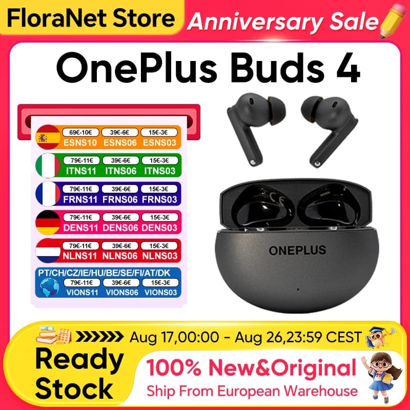 Global Version OnePlus Buds 4 True Wireless Earphones Up to 55dB Noise Cancelling ANC Dual Drivers with Dual DACs Bluetooth 5.4