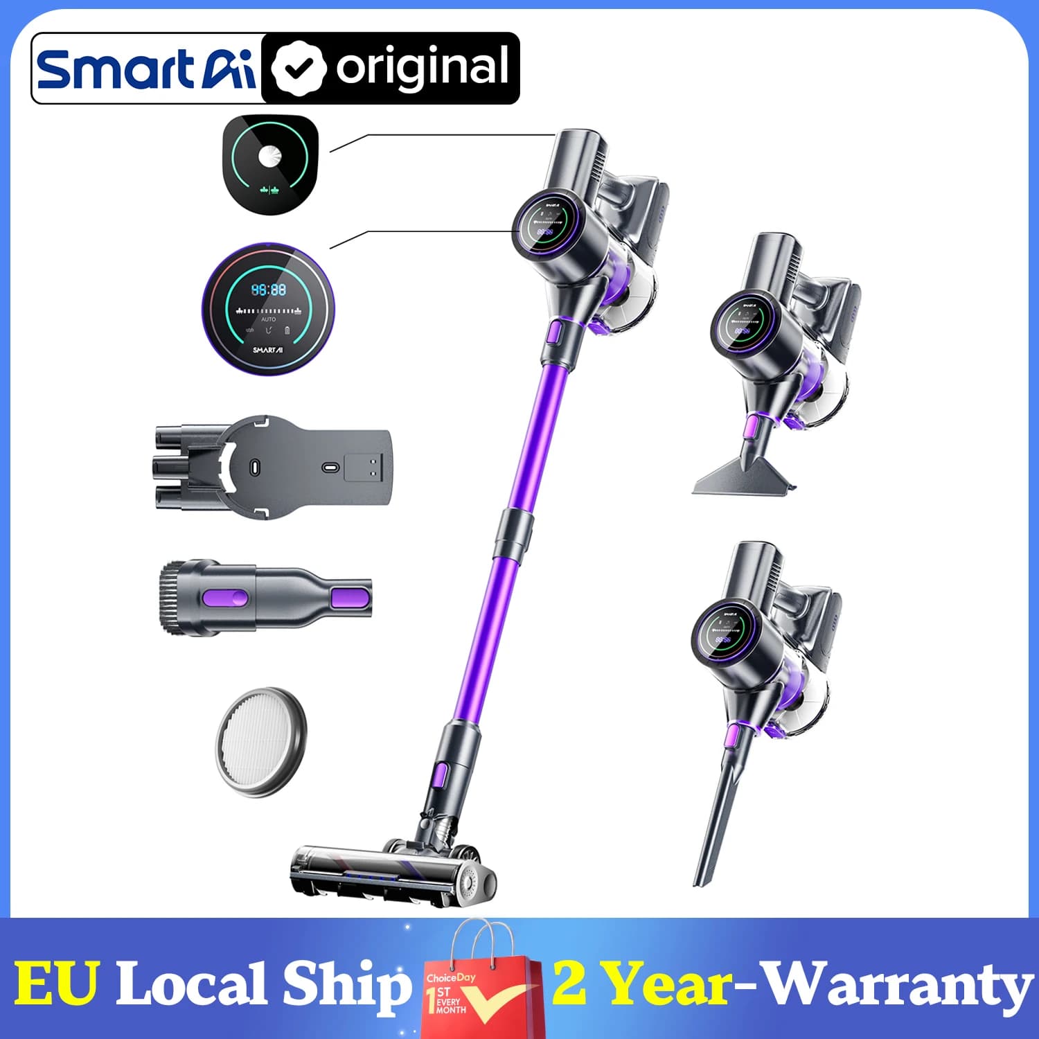 SmartAI P40-Upgrade 5-in-1 Cordless Vacuum Cleaner 50KPA Powerful Suction Big Battery HEPA Filter Wireless Hoover for Carpet Pet Hair Car