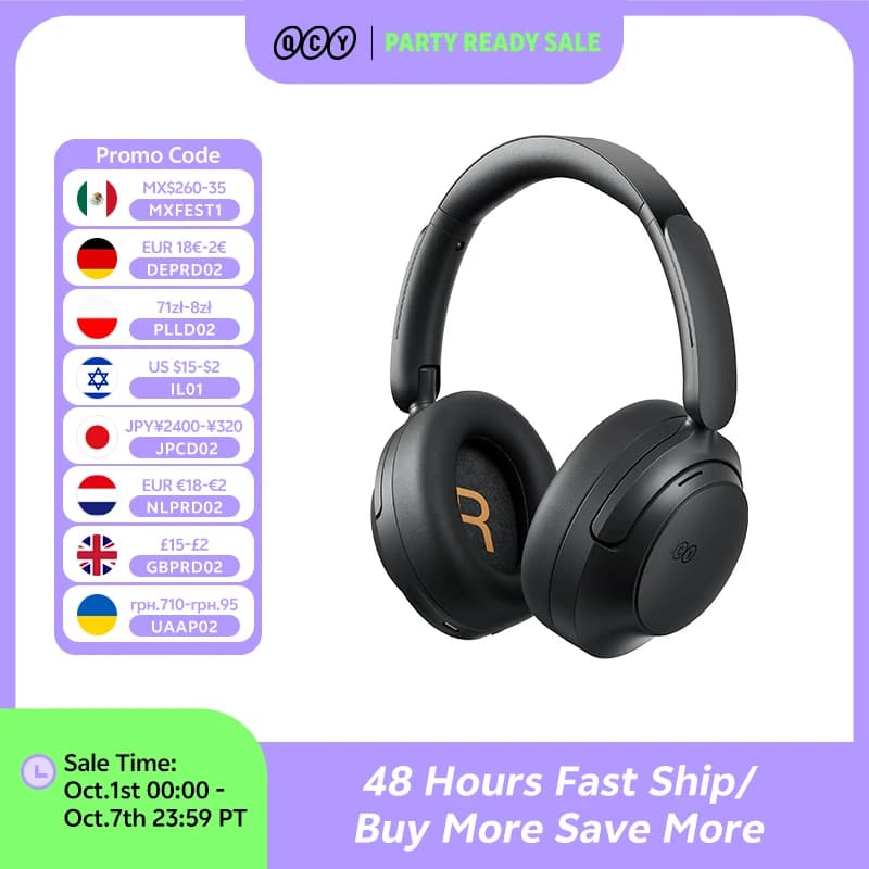 QCY H3S ANC Over Ear Headphones -56dB Noise Cancelling Headsets Bluetooth 6.0 Hi-Res LDAC Spatial Sound Earphones Dual Driver