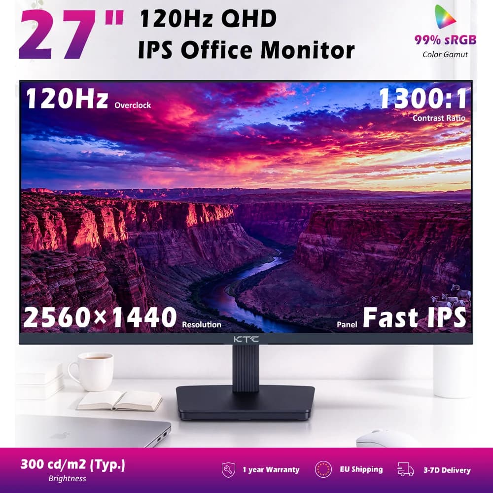 KTC H27T27 Office Monitor, 27inch 2560×1440 2K QHD Fast IPS Screen, 120Hz OC Refresh Rate, 99% SRGB, HDR, FreeSync & G-Sync Compatible, Low Blue Light & Flicker-Free, Adjustable Tilt Stand, 100×100mm VESA Mount