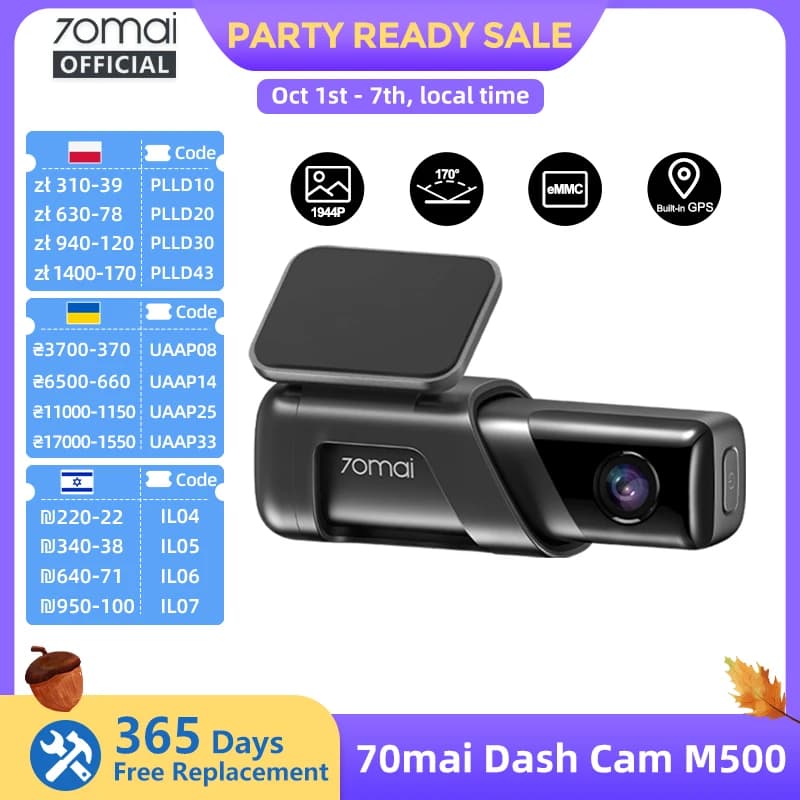 70mai Dash Cam M500 1944P 170FOV 70mai M500 Car DVR Dash Camera Recorder GPS ADAS 24H Parking Monitor EMMC Built-in Storage