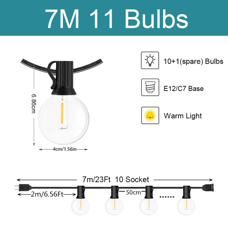 G40 LED Warm White Solar String Lights with Remote Control & 8 Flashing Modes - Adjustable Brightness,, Weather-Resistant for Ga