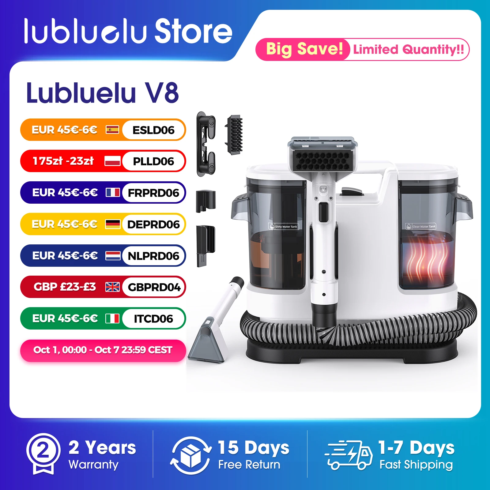Lubluelu V8 800W Hot Water Carpet Cleaner  60°C Deep Clean Pet Stains 15kPa Strong Suction 5M Long Power Cord 1.75L Tank