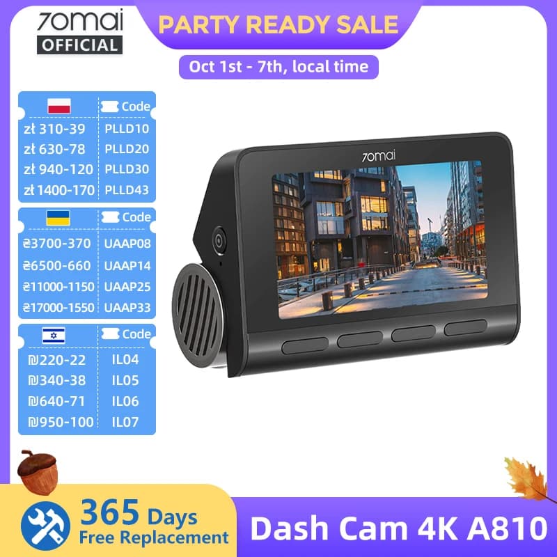 70mai 4K Dash Cam A810 HDR Built-in GPS ADAS 24H Parking 4G Compatible Car DVR 70mai A810