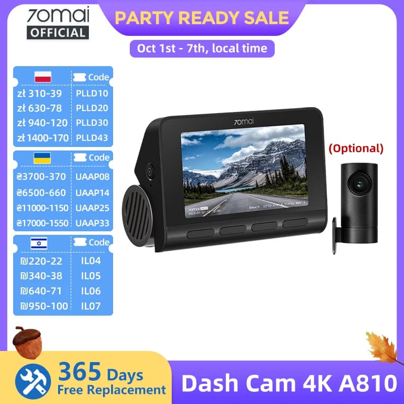 70mai 4K Dash Cam A810 Front Rear Set Suppor 4G Module LTE UP04 Remote Control GPS ADAS Car DVR 70mai A810 Car DVR