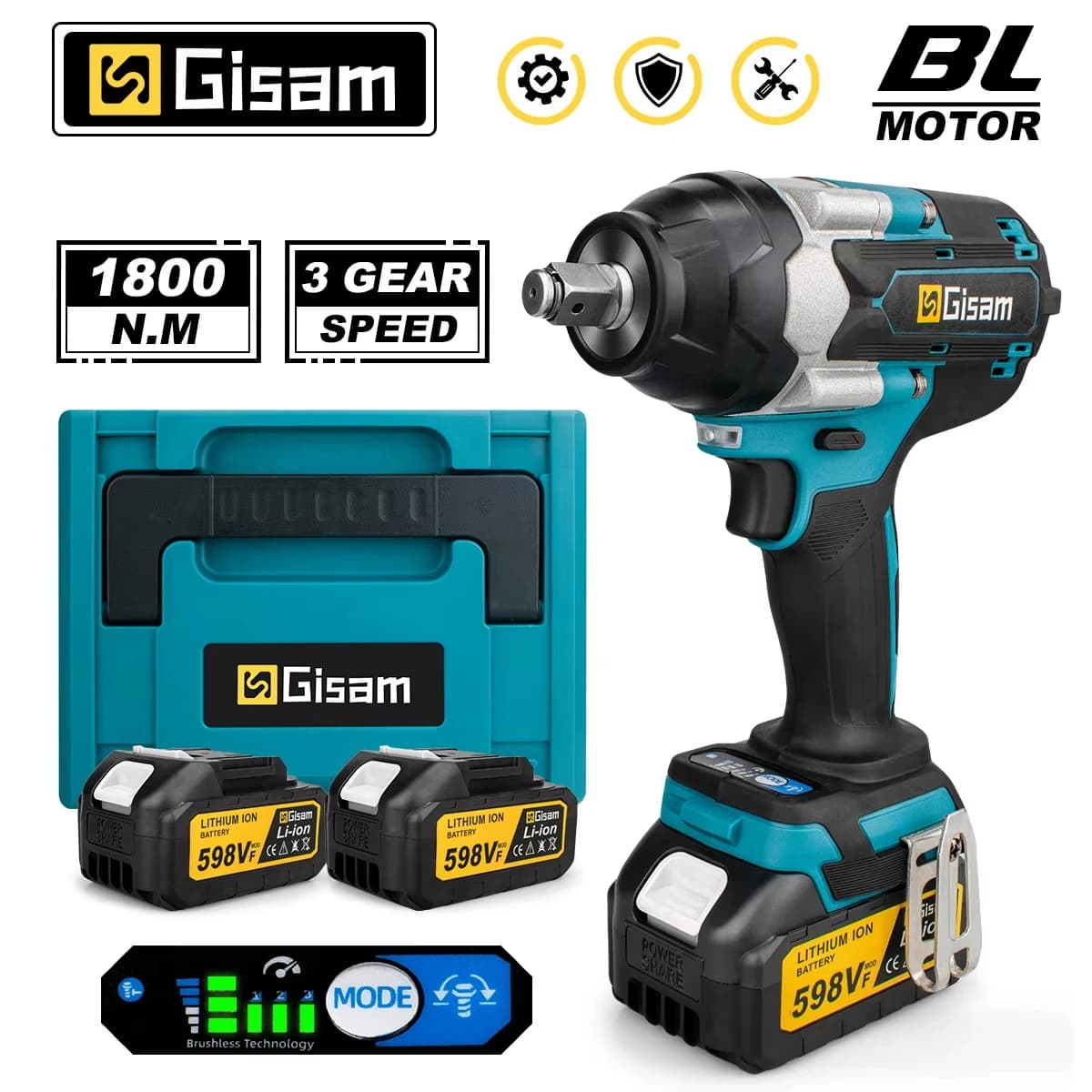 Gisam 1800N.M Torque Brushless Electric Impact Wrench 1/2 inch Screwdriver Cordless Wrench Power Tool For Makita 18V Battery Pin
