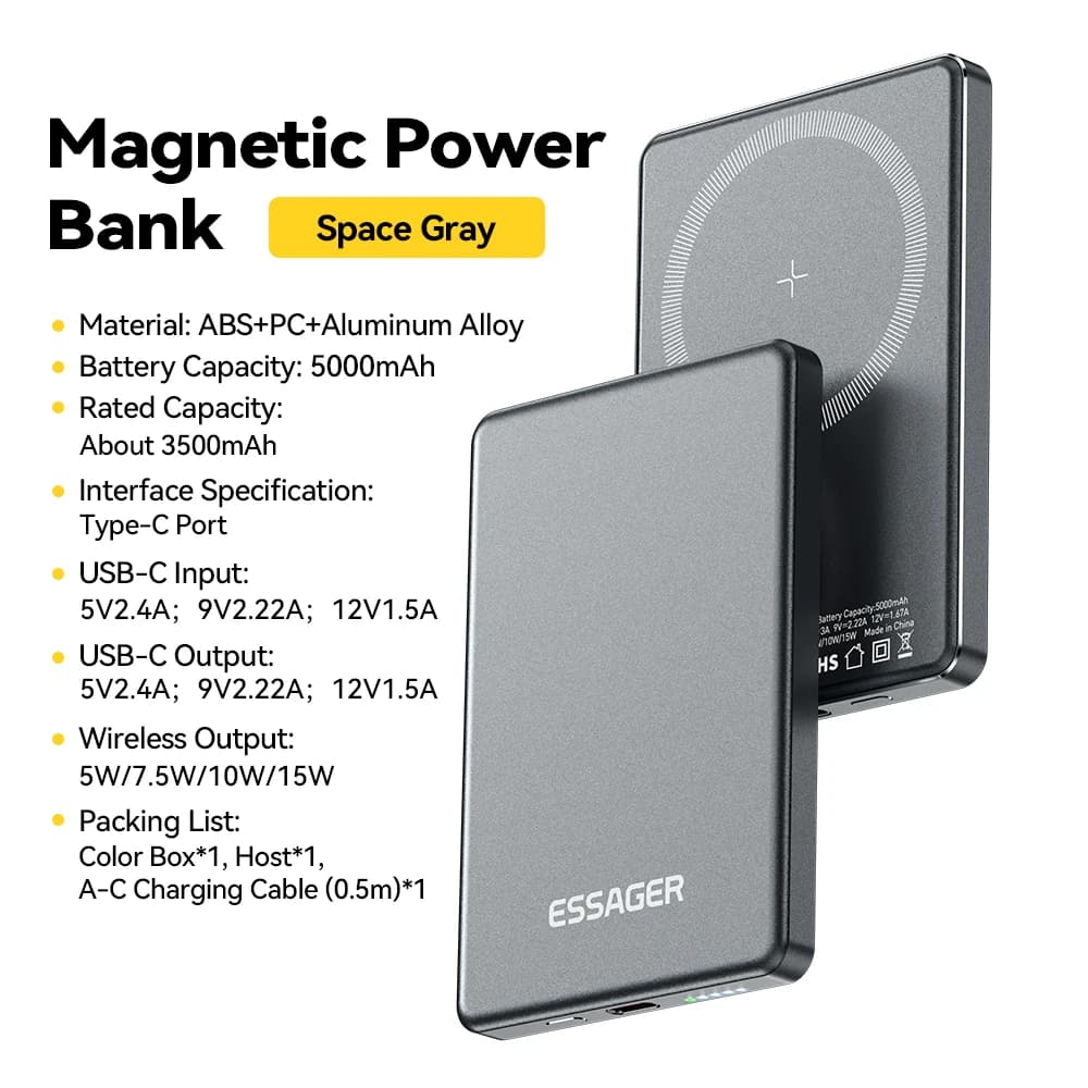 Essager Thin Wireless Power Bank 5000mAh 20W Fast Charging Portable External Battery Magnetic Magsafe Compatible for iPhone 1716
