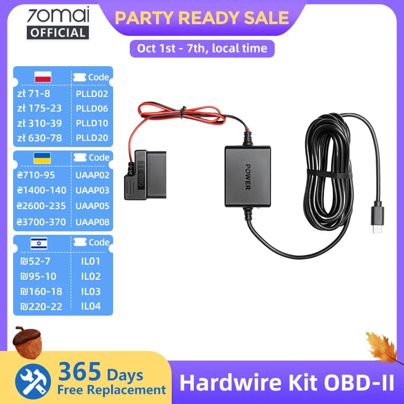 70mai Adjustable Hardwire Kit OBD II Type-C Interface Plug & Play 70mai OBD Kit 24H Parking Surveillance for 70mai Dash Cams