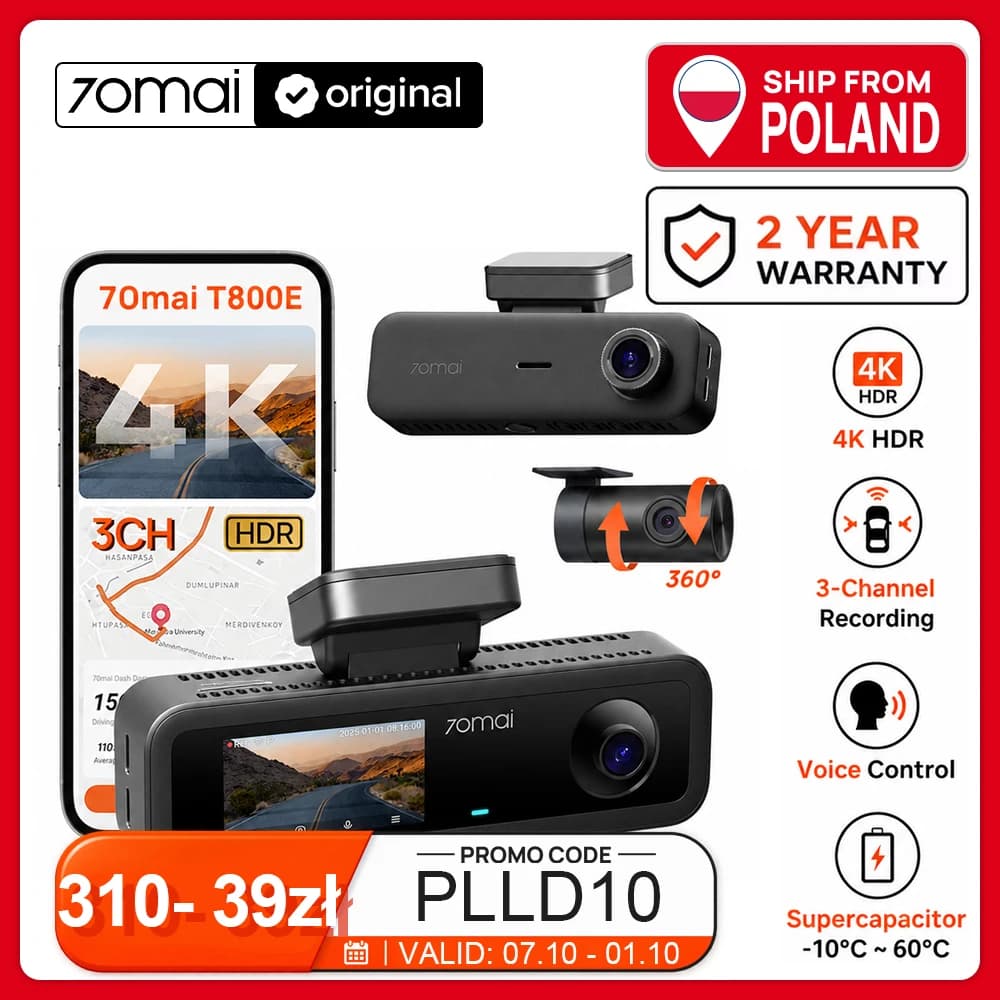 70mai T800E 3-Channel Front 4K + Rear 1080P + Interior 1080P HDR Supercapacitor 24H Parking GPS WiFi 6 70mai T800E Voice Control