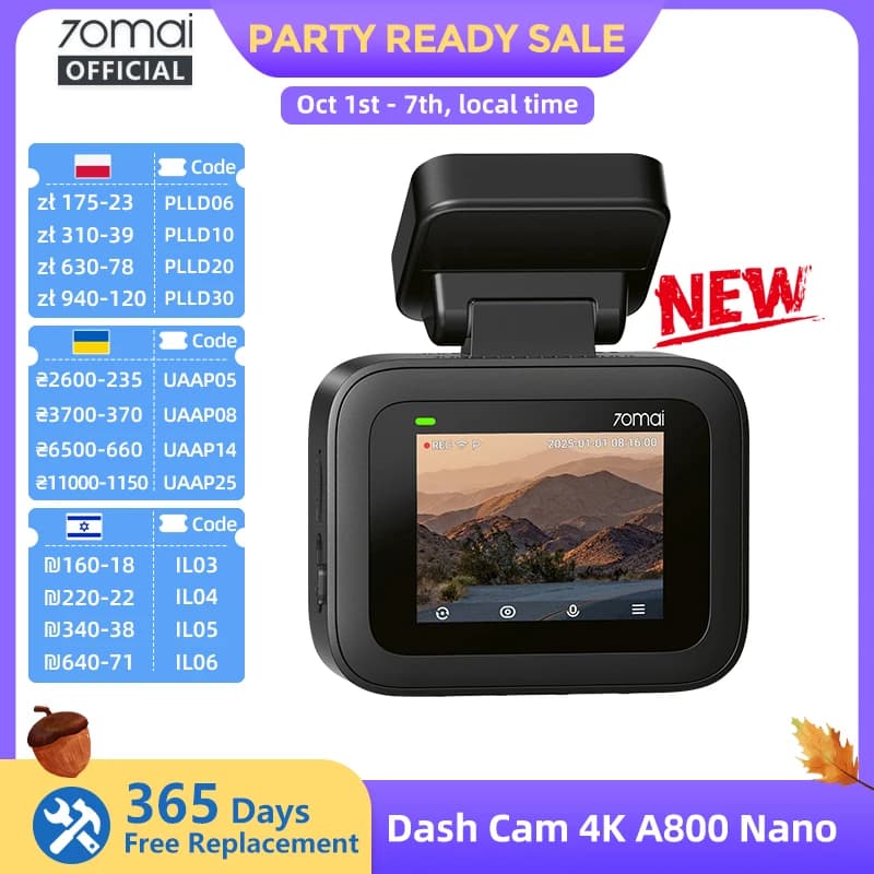 【New】70Mai Dash Cam 4K A800 Nano Front Camera F/1.55 Voice Control Supercapacitor 24H Parking Mode G-Sensor 70mai A800 Nano