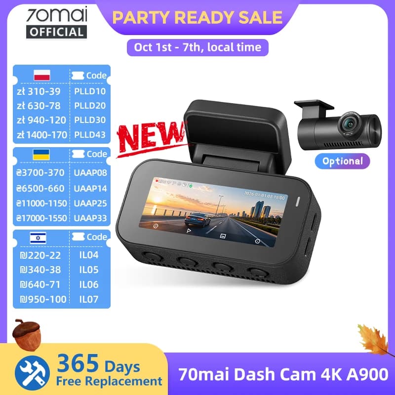 70mai A900 Dash Cam Dual 4K Front Rear Car Camera Dual HDR F1.55 Night Vision GPS WiFi 6 Supercapacitor Voice Control Up to 210s Emergency Recording & Lock 24H Parking Surveillance Driving Recorder 4G