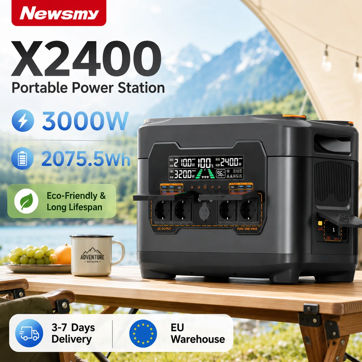 Newsmy X2400 3000W Portable Power Station 2047.5Wh, 230V Solar Generator with 1200W MPPT, UPS, WiFi Bluetooth, PD100W for Home Camping RV