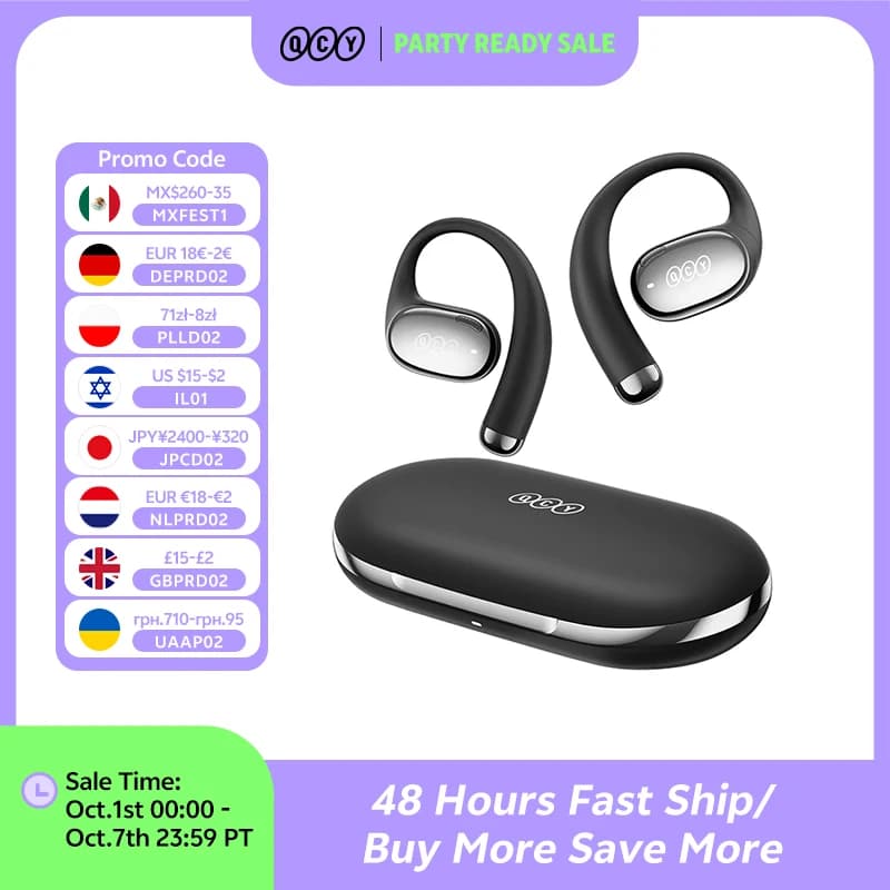 QCY Crossky R70 Open-Ear Wireless Headphones Hi-Res with LDAC OWS Earphones Bass Boost Bluetooth 6.0 Earhook Sport Earbuds 52Hrs