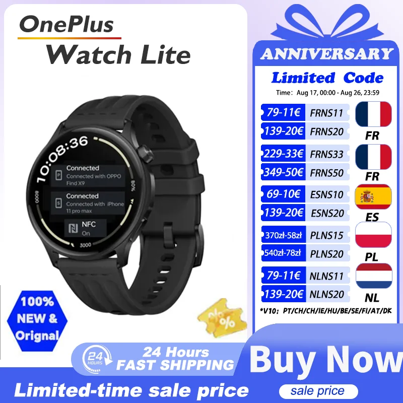 World Premiere OnePlus Watch Lite Smart Watch Global Version Up to 10 Days of Battery Life Dual Band GPS 1.46'' AMOLED Display