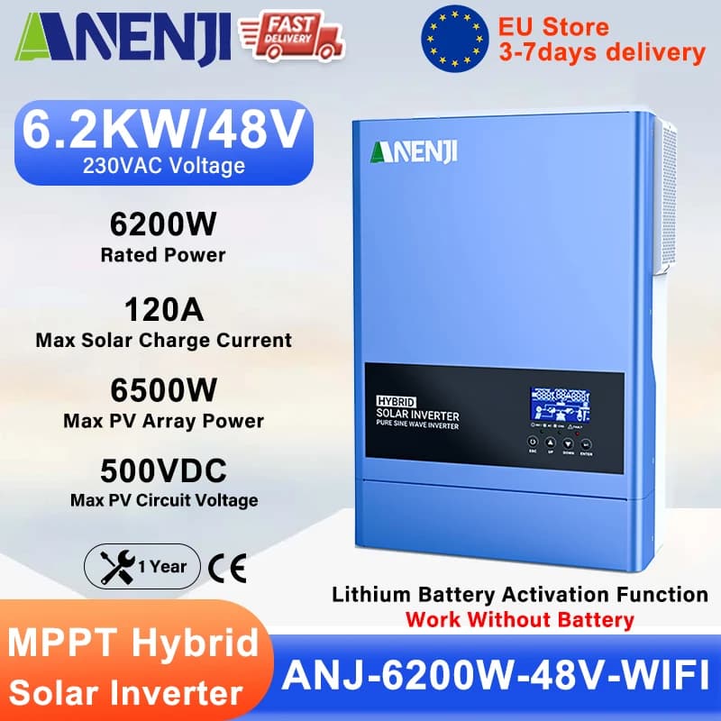 ANENJI 6.2KW 48V Hybrid Solar Inverter Parallel Photovoltaic On Grid MPPT Inverter Pure Sine 220V 120A Solar Charger PV 500V