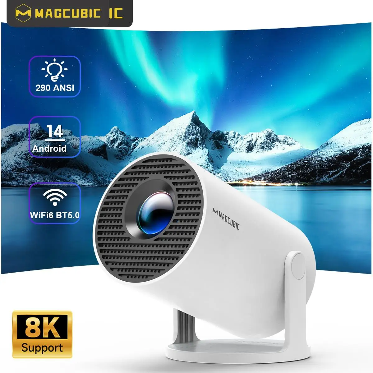 Magcubic Projector 8K Android 14 HY300 Pro Wifi6 290ANSI Allwinner H726 BT5.4 1080P * 720P Outdoor Outdoor Portable projectors