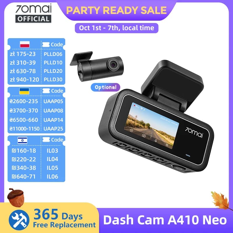 70mai Dash Cam A410 Front 1440P Rear 1080P Car DVR Upgraded Ver. of 70mai A400 Car Recorder 24H Parking Mode Support Max 256GB