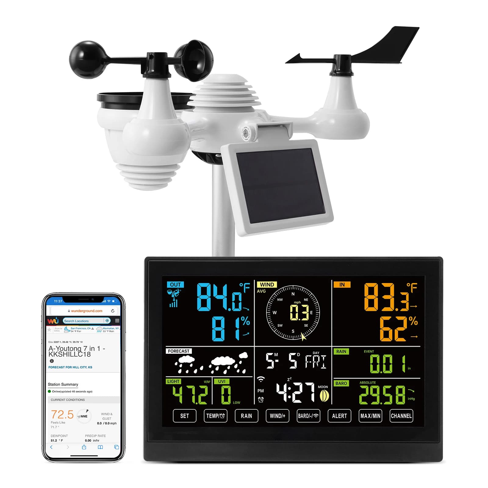 SucceBuy 7-in-1 Wi-Fi Weather Station 7.5 in Color Display + Solar Wireless Outdoor Sensor Alarm Alerts for Temperature Humidity