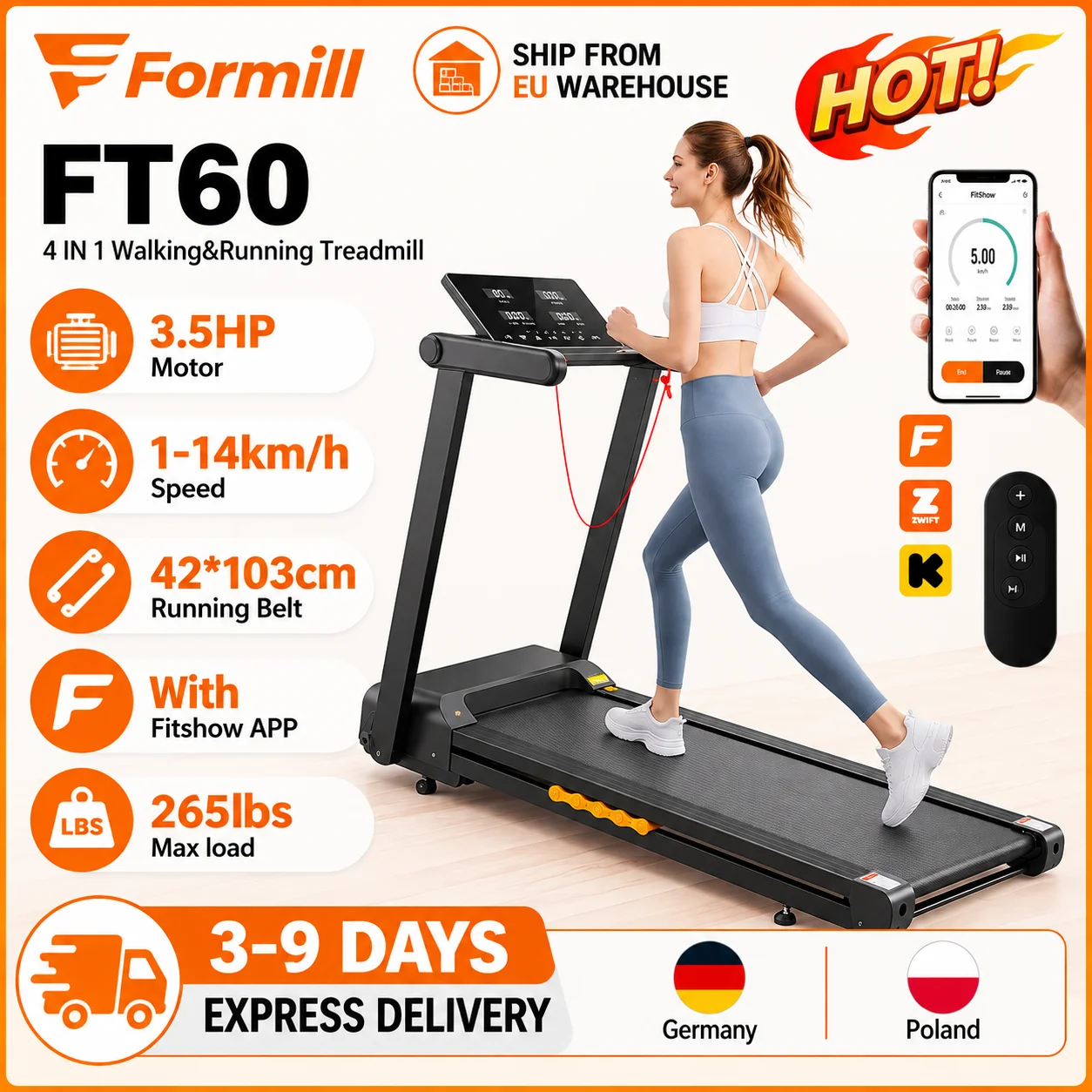 Formill FT60 Treadmill Automatic Incline 15% for Home Fitness Handrail Foldable Treadmill 3.5HP Silent Motor 1-14km/h Shock Absorption APP Control