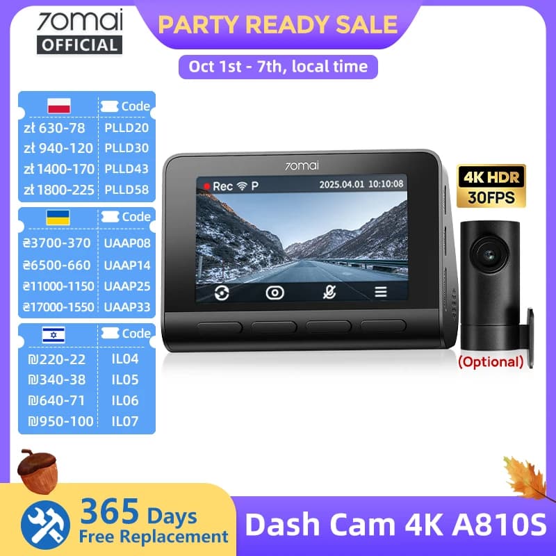 70mai Dash Cam 4K A810S HDR IMX678 Supercapacitor 4G LTE Remote Control Wi-Fi 6 Voice Control GPS ADAS Car Camera 70mai A810S