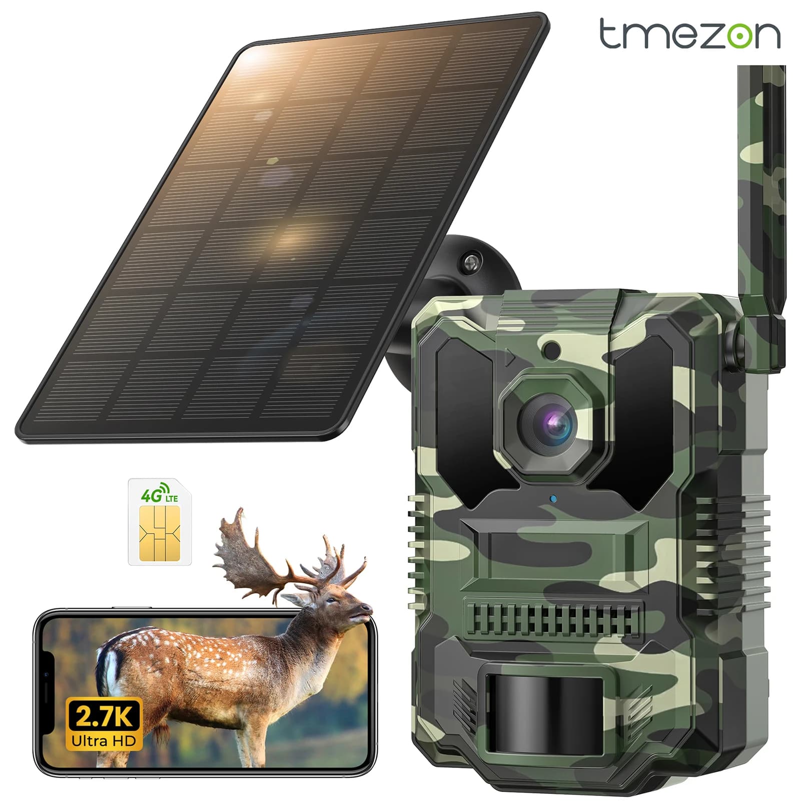 4G LTE Wildlife Camera with App, 2.7K Solar Hunting Trail Camera with SIM Card, photo trap cam, PIR Motion Sensor, Night Vision