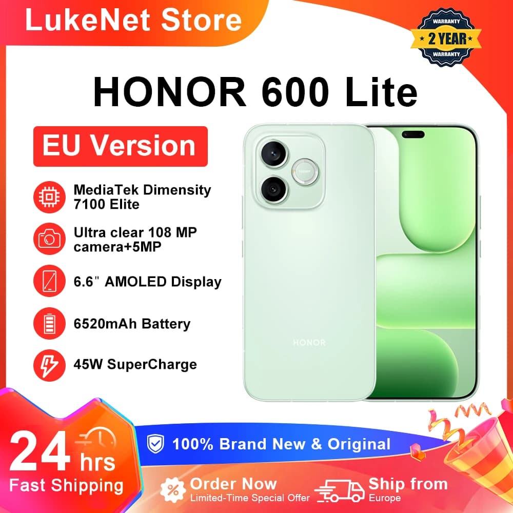 HONOR 600 Lite 5G Smartphone EU Version MediaTek Dimensity 7100 Elite 6.6"120Hz AMOLED Display 6520mAh 45W SuperCharge 108MP