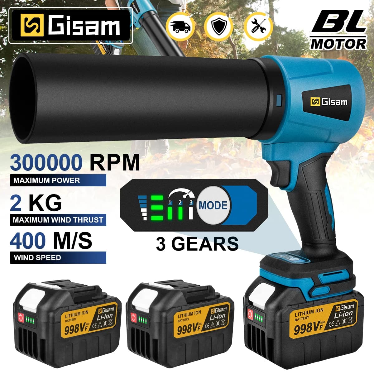 Gisam 3000W Brushless Electric Turbo Blower Jet Fan 400M/S 300000RPM Handheld Leaf Dust Blowing Tool For Makita 18V Battery Pin