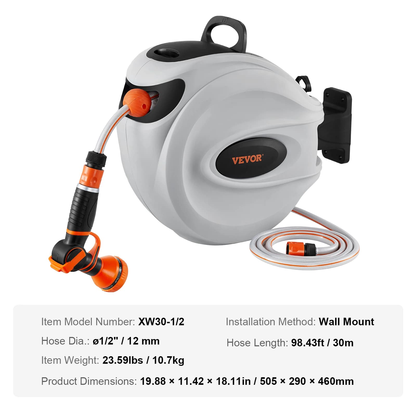 SucceBuy Retractable Garden Hose Reel Wall Mounted Hose Reel Heavy Duty Hose Reel with 9 Patterns Nozzle and 180°Swivel Bracket