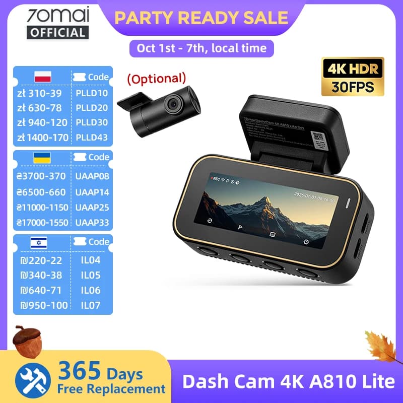 【Local Warehouse】70mai Dash Cam 4K A810 Lite HDR Supercapacitor 4G Compatible Voice Control Wi-Fi 6 GPS Car DVR 70mai A810 Lite