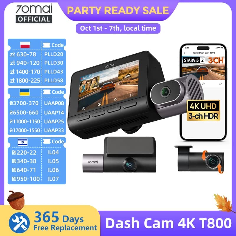 【Local Warehouse】70mai 4K Dash Cam T800 3-Channel Reconding Triple HDR Voice Control 4G LTE Remote Control Car DVR 70mai T800
