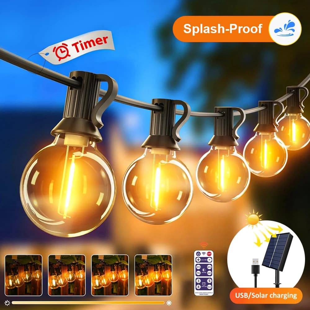 G40 LED Warm White Solar String Lights with Remote Control & 8 Flashing Modes - Adjustable Brightness,, Weather-Resistant for Ga
