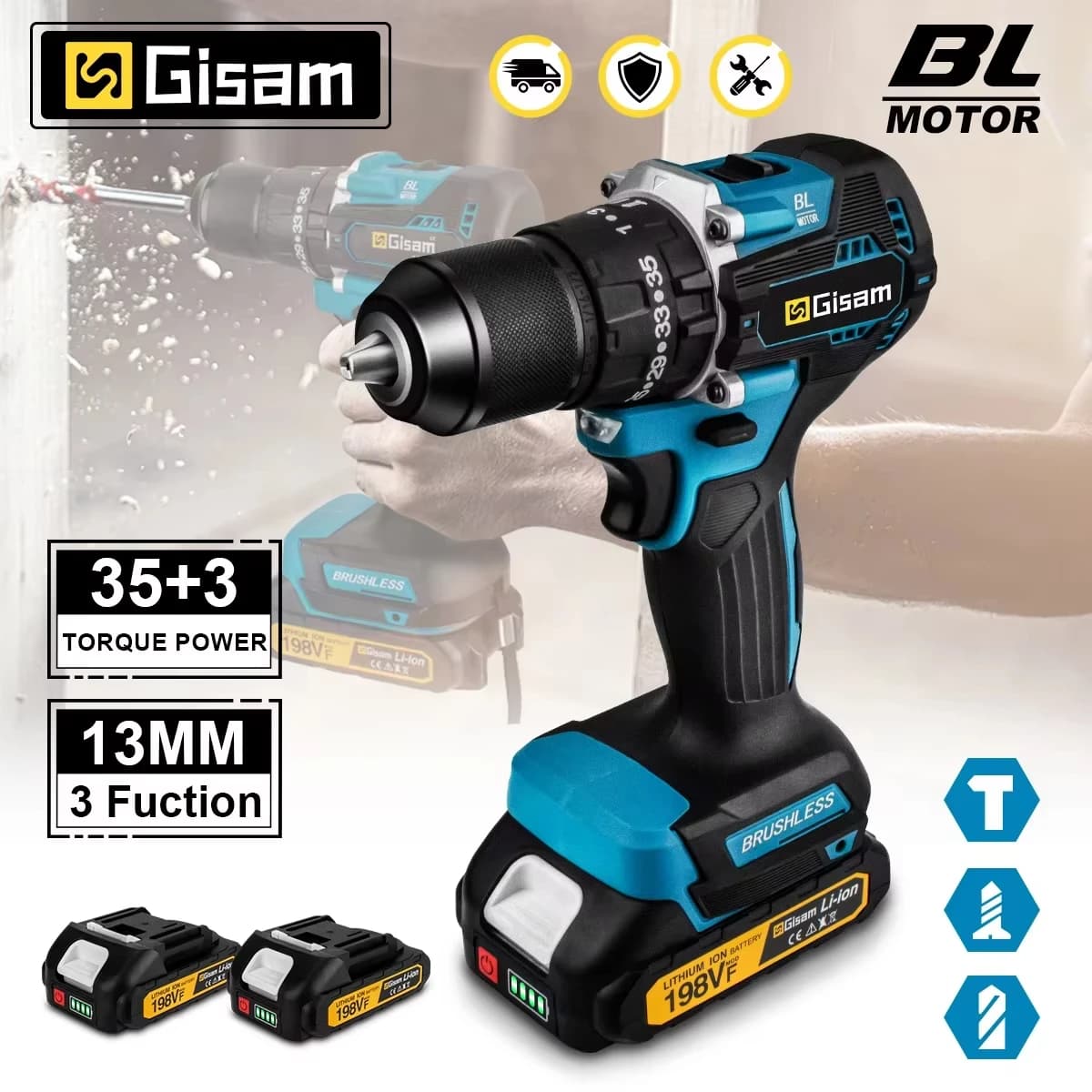 Gisam 65N.m 13MM 35+3 Torque Brushless Electric Impact Drill Cordless Electric Screwdriver Power Tool For Makita 18V Battery Pin