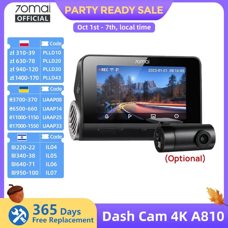 70mai Dash Cam 4K A810 Ultra HD 150° FOV 24Hours Parking Monitor ADAS, Coordinates by Built-in GPS WIFI&4G For Extreme Weather