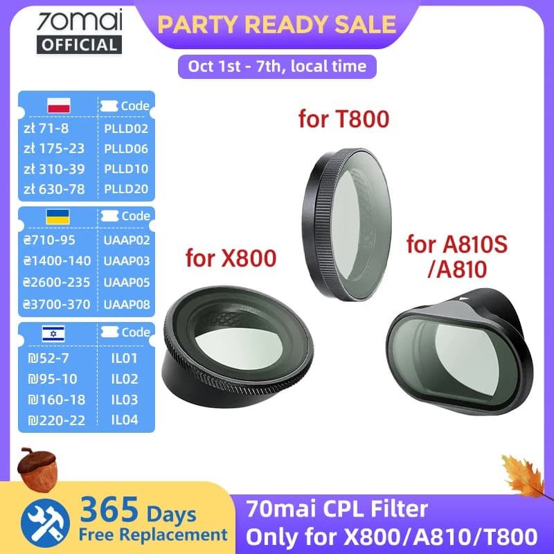 Original 70mai CPL Filter for 70mai A900/ T800/ X800/ A810 Lite/ A810S/ A810 Circular Polarizing Lens Filters Lens Cap