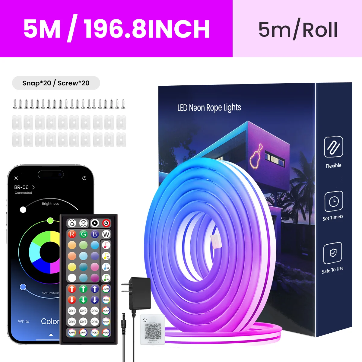 RGB Flexible Neon Strip Lights with App/Remote Control, Multiple Modes, Music Sync,  IP65 Waterproof LED Strip Neon Rope Lamp