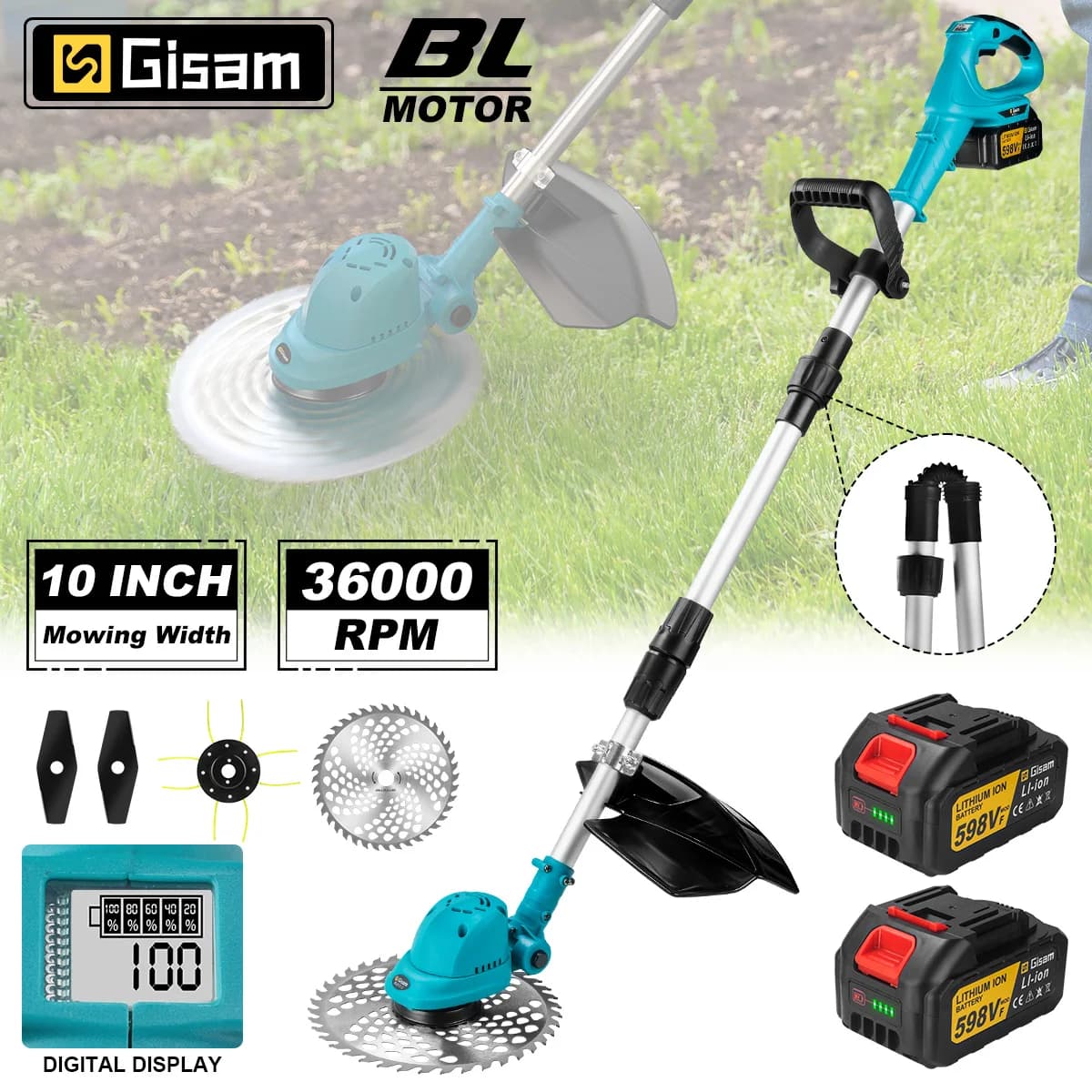 Gisam 10Inch Brushless Electric Lawn Mower Foldable Cutter Cordless Garden Grass Cutting Trimmer Tool For Makita 18V Battery Pin