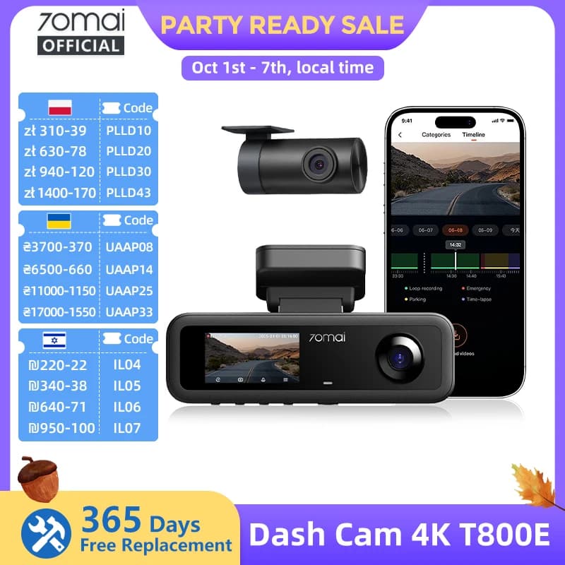 70mai T800E 3-Channel Front 4K + Rear 1080P + Interior 1080P HDR Supercapacitor 24H Parking GPS WiFi 6 70mai T800E Voice Control