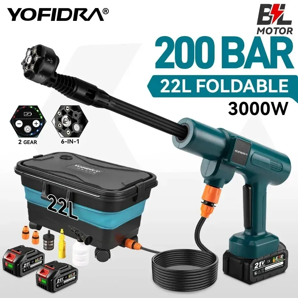 YOFIDRA 6 in 1 200Bar Brushless High Pressure Washer Cordless Water Gun with Bucket Car Cleaner Spray Gun for Makita Battery Pin