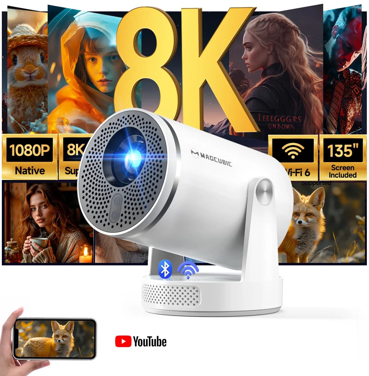 Magcubic HY320Pro Upgraded HY300 Pro Projector, Native 1080P Full HD Auto Focus, Android 14 Voice Control Portable Home Cinema Beam